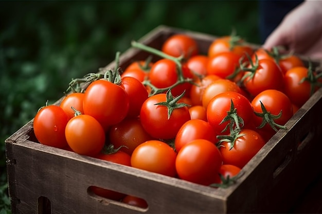 Una caja de tomates de la granja.