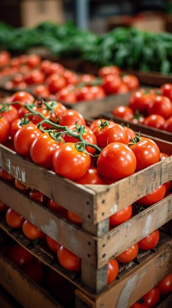 Caja con tomates rojos recién cosechados productos de calidad importados Fondo de pantalla móvil vertical