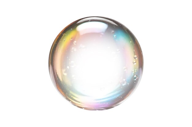 Caja transparente de jabón reflejada en los colores del arco iris 1 burbuja con un borde afilado separado de la pantalla blanca con trazado de recorte