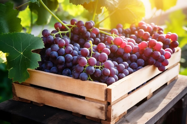 Una caja de uvas maduras contra un fondo natural que muestra la agricultura Generativa Ai