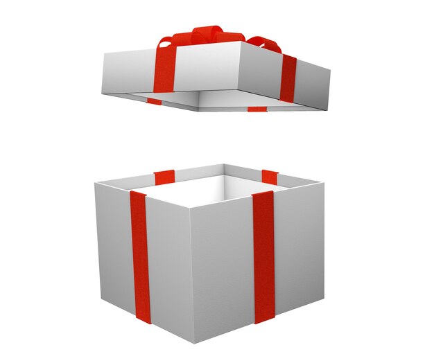 Caja vacía abierta para regalos con cinta roja aislada sobre fondo blanco. Render 3D. Bosquejo