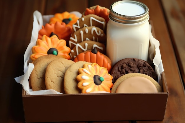 Caja variada de galletas de otoño de temporada con botellas de leche, avena, mantequilla de maní y más