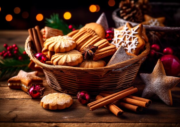 Caja con variedad de galletas navideñas Biscotti cantucci con naranjas almendras y herradura de chocolate con azúcar en polvo