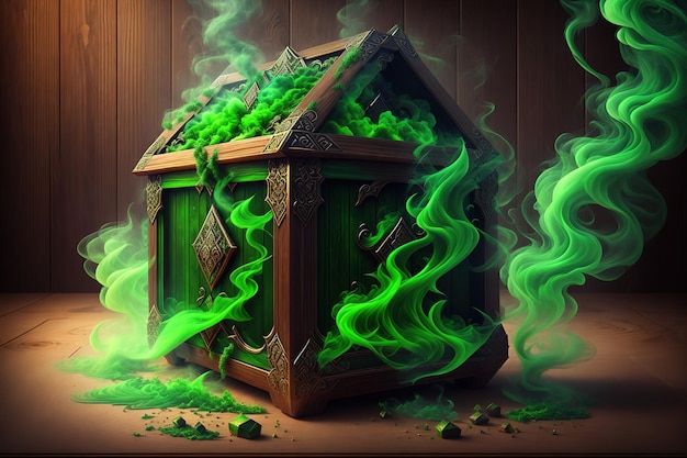 Una caja verde con una caja verde llena de fuego.