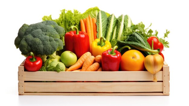 Una caja de verduras con un fondo blanco aislado