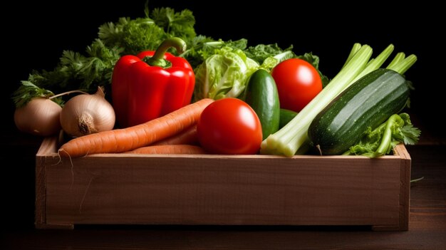 Una caja de verduras con fondo negro.