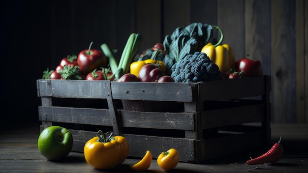 Una caja de verduras con un fondo negro.