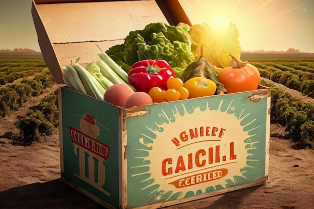 Una caja de verduras frescas se encuentra en un mostrador cerca de una granja generada por IA