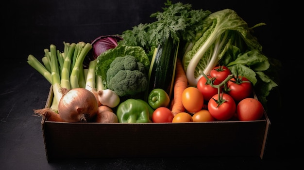 Una caja de verduras con la palabra "fresco" en la parte inferior.