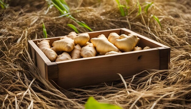 una caja de verduras de raíz de jengibre en un campo