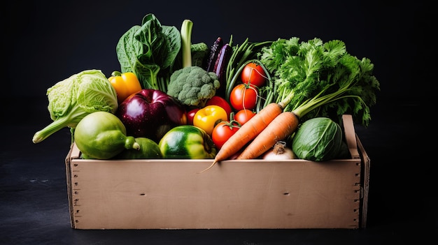 Una caja de verduras sobre un fondo negro.