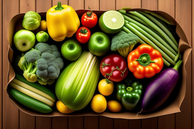 Una caja de verduras sobre una mesa.