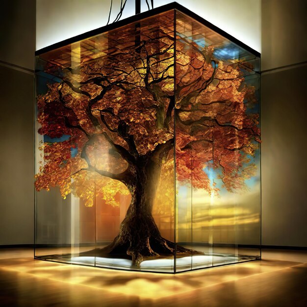 Una caja de vidrio con un árbol dentro de ella una representación digital de arte interactivo emperatriz de otoño