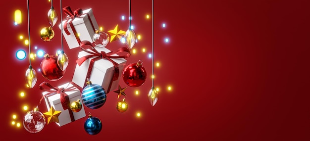 Caja voladora colgante regalo bola de navidad rojo azul oro luces de navidad bokeh fondo rojo banner espacio de copia 3d render