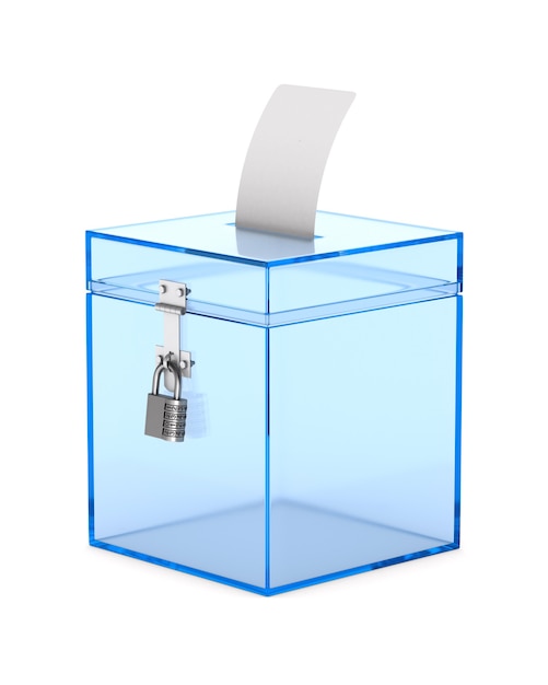 Caja de votación transparente. Representación 3D aislada