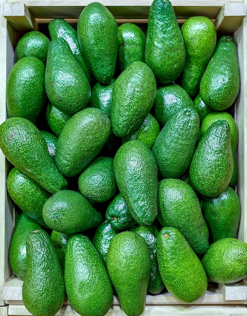 Cajas de aguacate maduro seleccionado Cajas de aguacate Vista diurna desde arriba horizontal