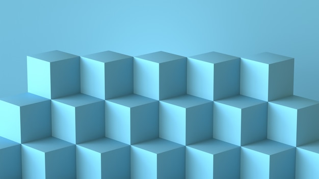 Cajas azules del cubo con el fondo de la pared en blanco. Representación 3D.