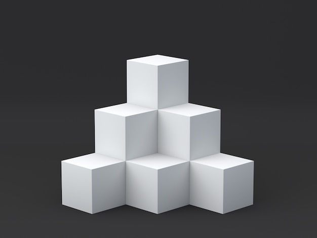 Las cajas blancas del cubo caminan con el fondo oscuro de la pared en blanco para la exhibición. Representación 3D