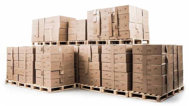 Cajas de cartón apiladas en paletas de transporte industrial aisladas en blanco