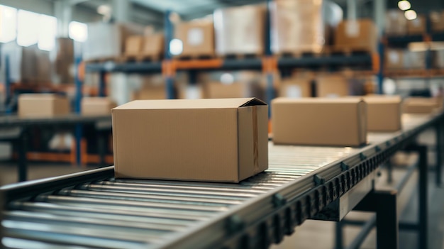 Cajas de cartón en cintas transportadoras en almacenes modernos para una logística eficiente y una gestión de la cadena de suministro