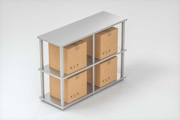 Las cajas de cartón se colocan en estanterías ordenadas con renderizado 3d