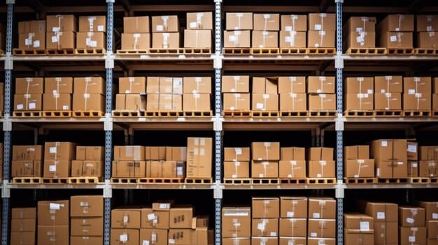 Cajas de cartón estantería de almacenamiento con producto Envasado de productos para entrega logística IA generativa