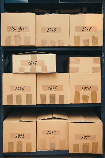 Cajas de cartón etiquetadas con el número de años en los estantes
