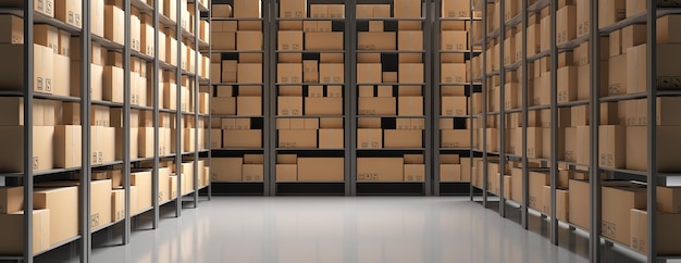 Cajas de cartón en el fondo de los estantes del almacén de almacenamiento ilustración 3d