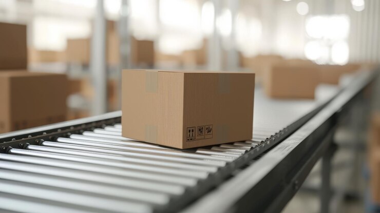 Cajas de cartón en la línea de cinta transportadora aisladas sobre un fondo gris blanco Almacén de distribución Concepto de servicio de almacenamiento, entrega y embalaje de comercio electrónico