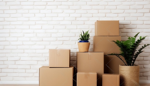 Cajas de cartón, plantas en macetas y artículos del hogar en el interior. Día de mudanza. IA generativa.