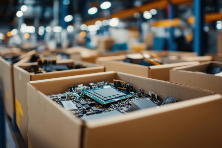 Cajas de cartón que contienen hardware informático en el almacén