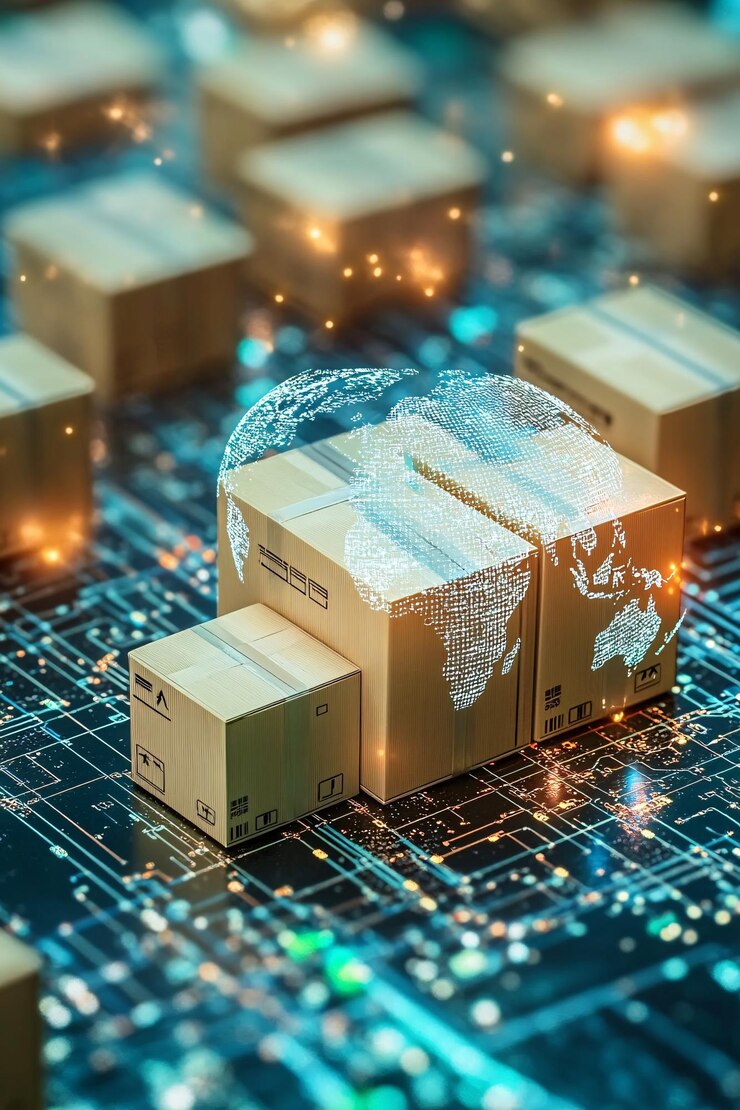 Cajas de cartón que forman escalones ascendentes bajo un globo holográfico en una placa de circuito que representa la logística y la entrega globales