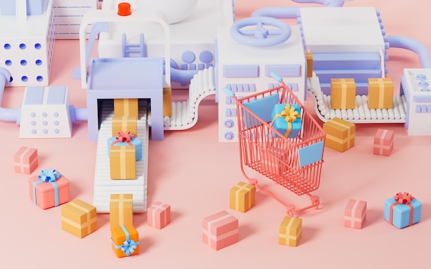 Cajas de cartón y regalos en el carro de la compra del transportador y logística de regalos y concepto de compras representación 3d