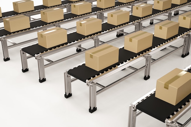 Cajas de cartón de renderizado 3D en cintas transportadoras