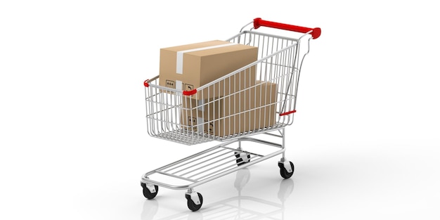 Cajas cerradas en un carrito de compras aislado sobre fondo blanco ilustración 3d