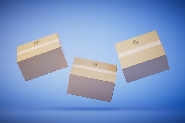 Cajas cerradas con paquetes volando sobre un fondo azul 3D Render