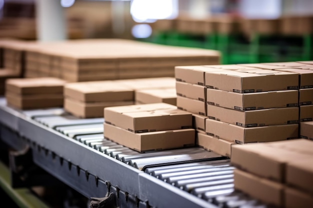 Cajas en una cinta transportadora en una fábrica.