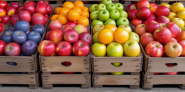 Cajas coloridas llenas de una variedad de manzanas frescas