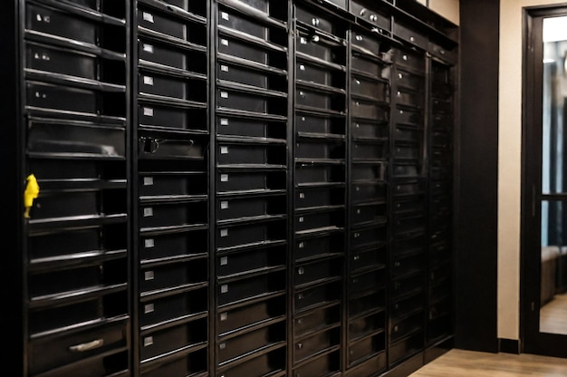 Foto cajas de correo de acero negro en un edificio residencial de apartamentos dentro de filas modernas de cajas de correo numeradas cr