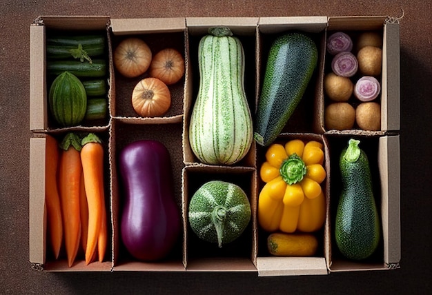 Cajas con diferentes verduras caseras en el campo IA Generativa