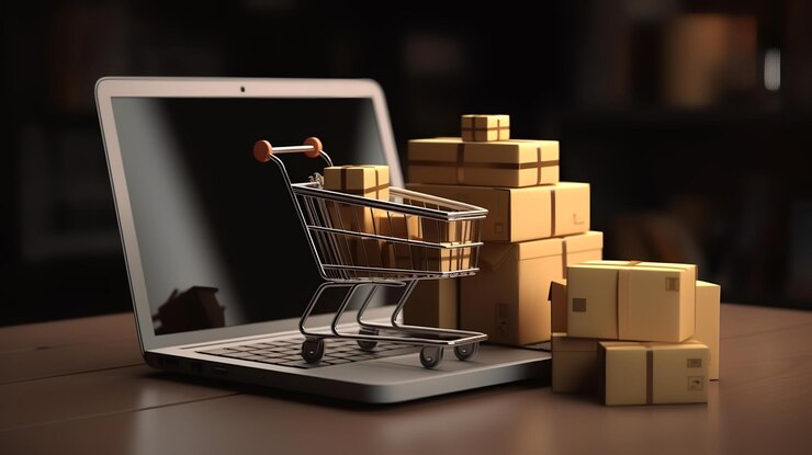 Cajas de embalaje de productos cajas en el carrito con una bolsa de compras