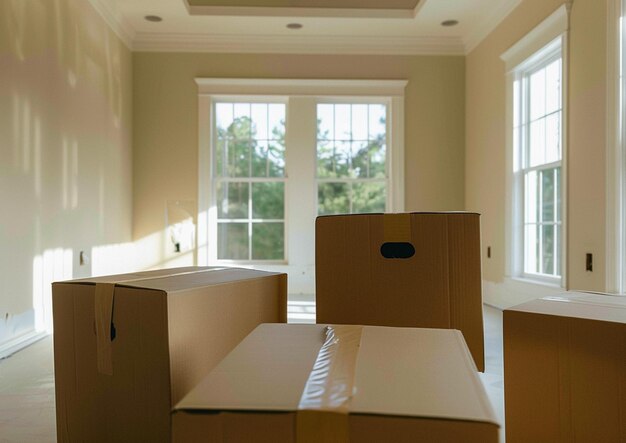 las cajas están apiladas en una habitación con ventanas y una puerta generativa ai