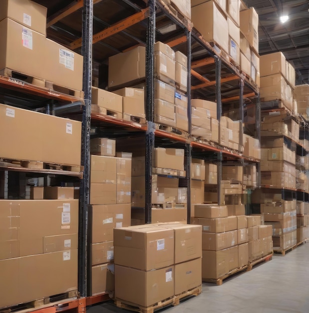las cajas están apiladas en una paleta en un almacén en un depósito en un almacenamiento inspeccionen en el inventario