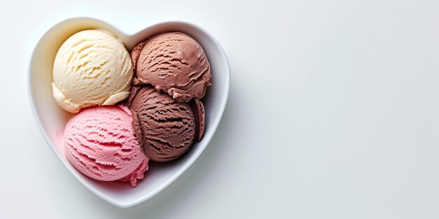 Cajas de helado en un cuenco en forma de corazón sobre un fondo blanco