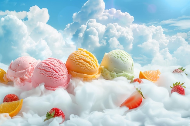 Cajas de helado de diferentes colores y sabores sobre un fondo de nubes