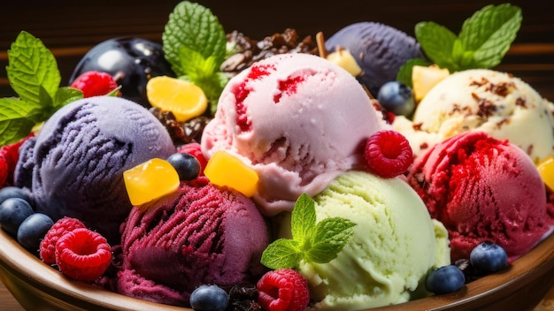 Foto cajas de helado en un tazón con bayas, frutas y menta