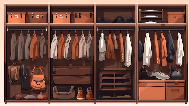Las cajas llenaron los estantes de este armario de abrigos marrones. La ropa incluye camisas, pantalones y chaquetas.