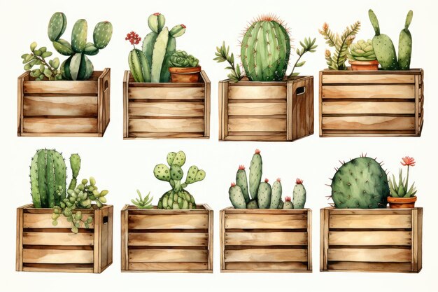 cajas madera clipart cactus rústico acuarela fondo blanco