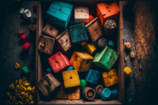 Cajas de madera coloridas en la caja de madera grande