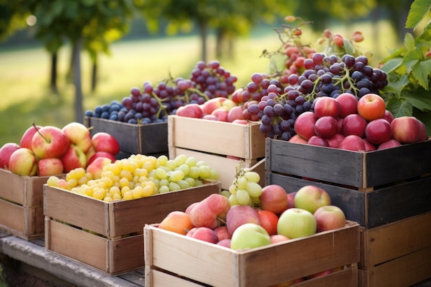 Cajas de madera llenas de diversas frutas recién recogidas.